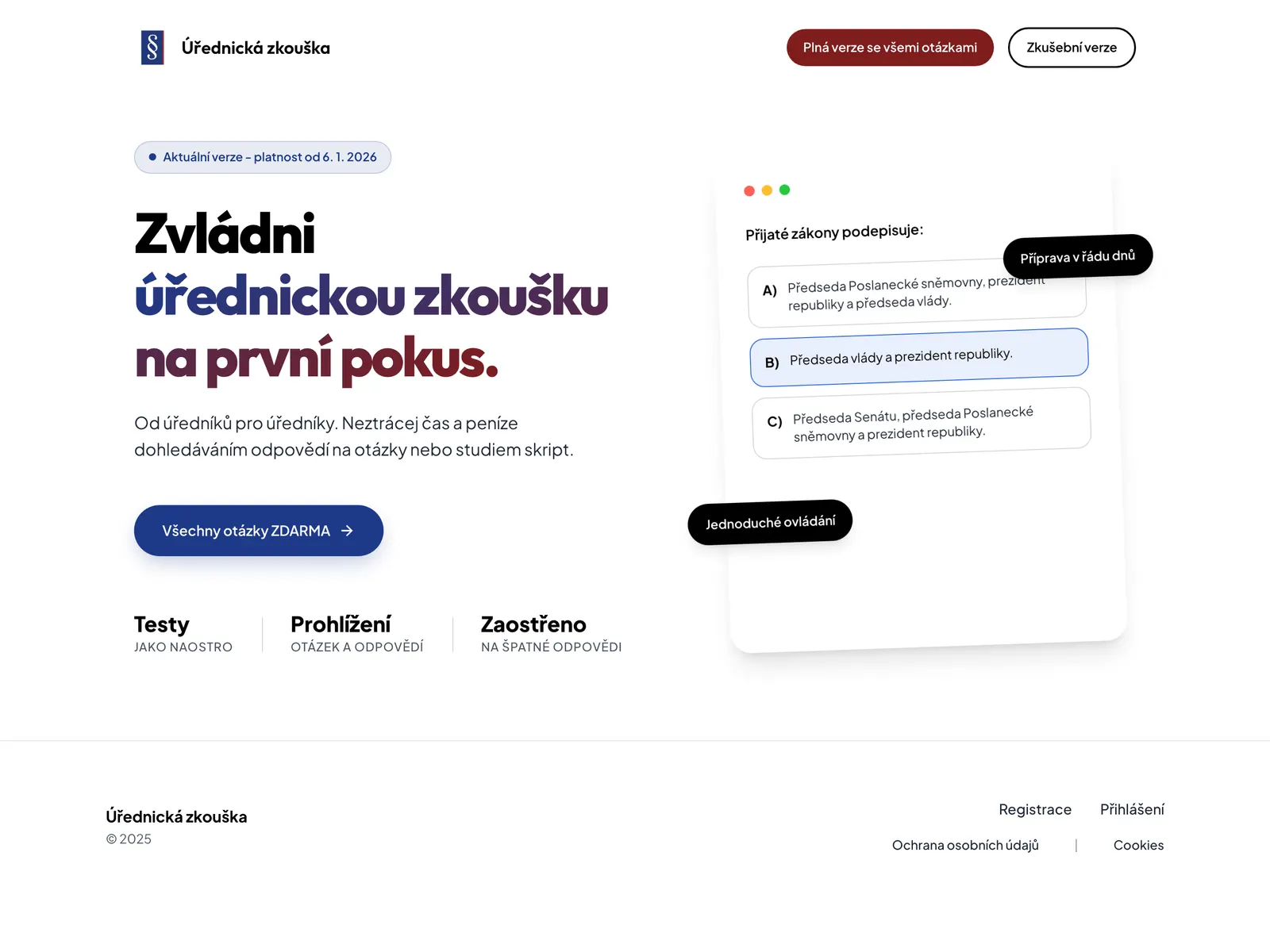 Úvodní stránka platformy Úřednická zkouška s ukázkou testové otázky